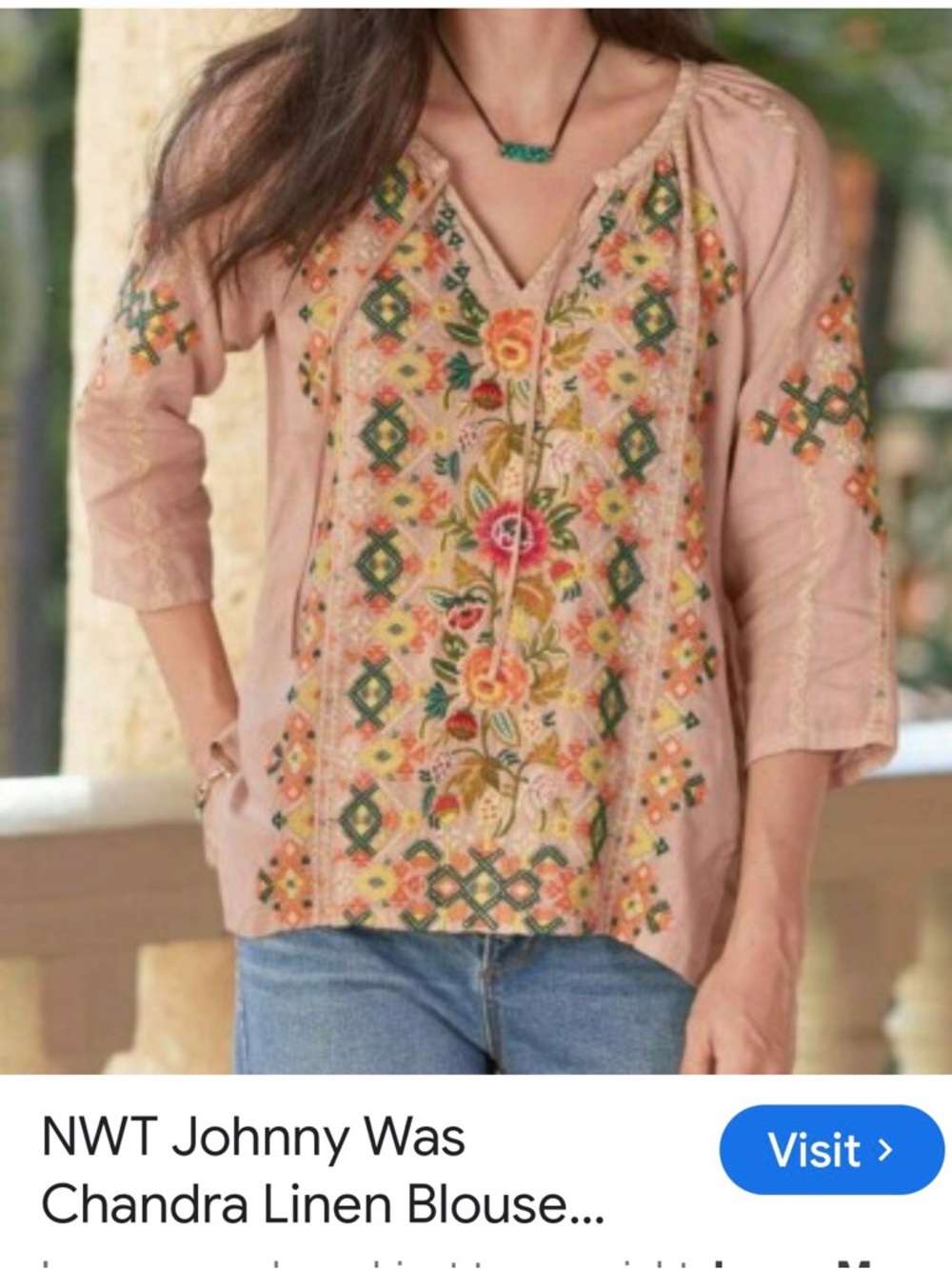 Johnny Was Blush Embroidered V‑Neck Linen Blouse